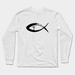 Painted Cross and Fish Christian Design - Black Long Sleeve T-Shirt
